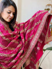 Pink Printed Bandhej Dupatta in Chinon with Gold Thread and Sequin Work