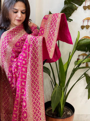 Pink Handwoven NeemZari Bareek Bandhani with Sequin, Dabka Handwork in Pure Georgette