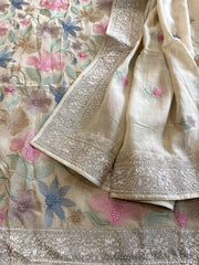Gold Suit Set with Thread Embroidery in Mul Cotton