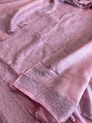 Purplish pink Suit Set with Lucknowi Handwork in Pure Tussar Silk