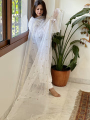White Kota Cotton Dupatta with Thread Embroidery