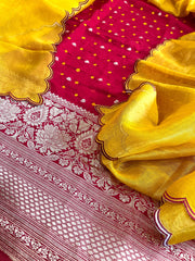 Red Handwoven Kadwa Banarasi with Hand Bandhani Suit Set in Pure Silk