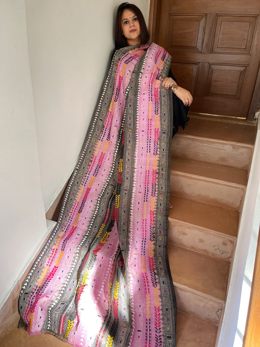 Grey, Pink Handmade Kantha Dupatta in Silk