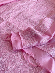 Pink Suit Set with Lucknowi Handwork in Pure Tussar Silk