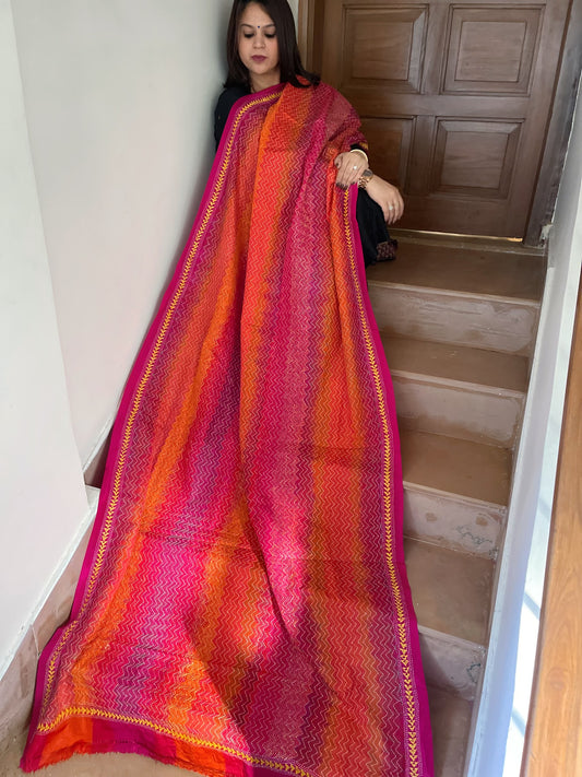 Orange, Pink Handmade Kantha Dupatta in Silk