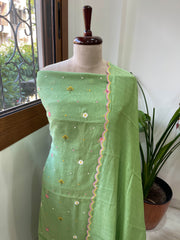 Green Suit Set with Thread Embroidery in Pure Mul