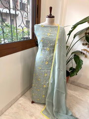 Greenish Grey Suit Set with Thread Embroidery in Pure Mul