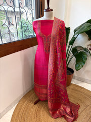Pink Suit Set with Handwoven Kaani and Zari in Pure Silk