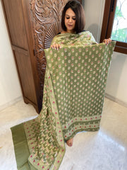 Pista Green Woven Suit Set with Zari and Meenakari in Weaving in Pure Moonga Silk