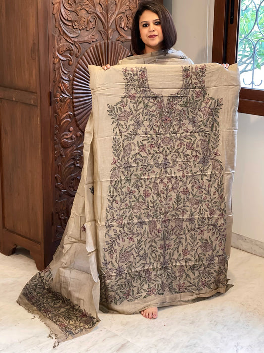 Lite Brown Suit Set with Kantha Handwork in Pure Tussar Silk