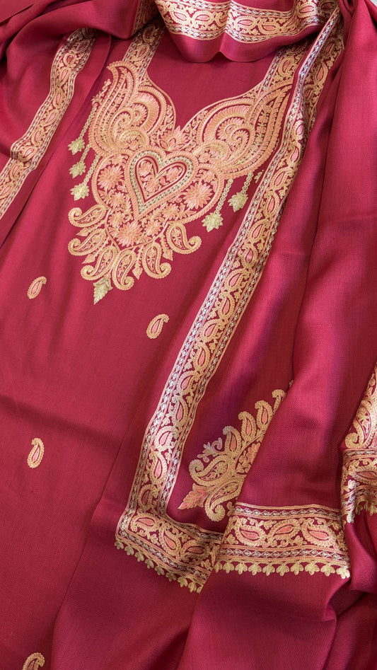 Pink Winter Suit Set with Aari Work in Pashmina Wool