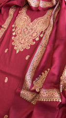 Pink Winter Suit Set with Aari Work in Pashmina Wool