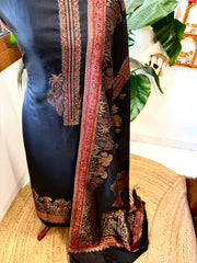 Black Suit Set with Handwoven Kaani and Zari in Pure Silk