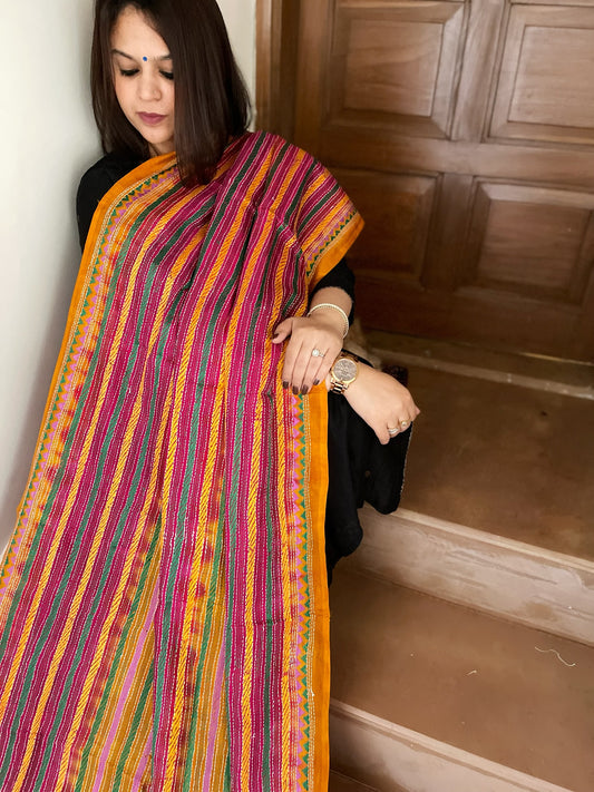 Yellow, Pink Handmade Kantha Dupatta in Silk