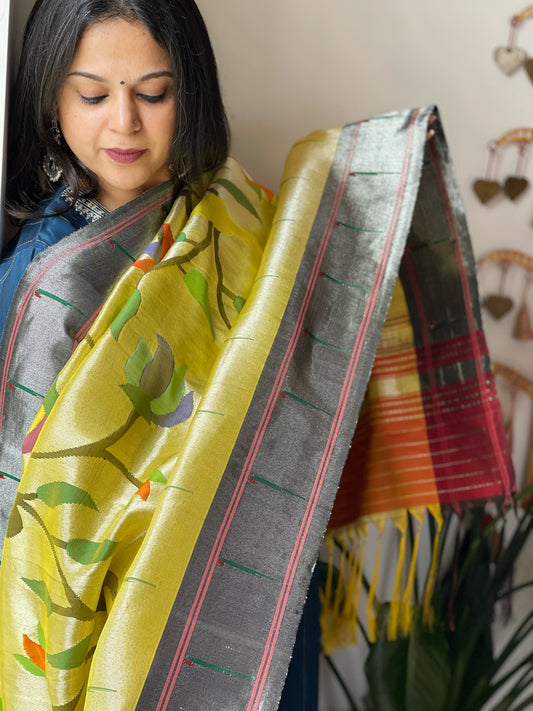 Yellowish Gold Handwoven Zari Jaal Paithani Dupatta in Pure Silk