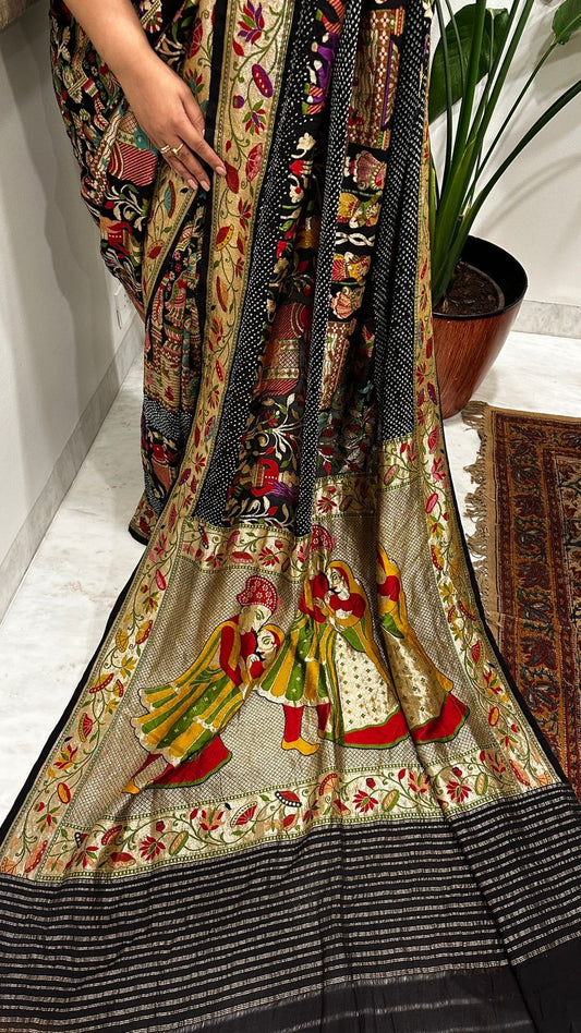 Black Handmade Bandhani Saree with Krishna Motif & Meenakari in Pure Georgette