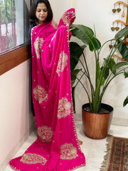 Hot Pink Crepe Dupatta with Pearl, Cut Daana, Gold Thread & Sequin Embroidery