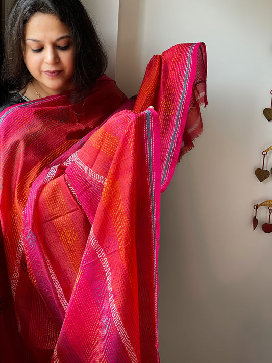 Orange, Pink Handmade Kantha Dupatta in Silk
