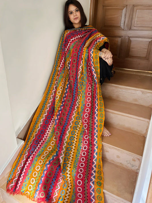 Yellow, Red Handmade Kantha Dupatta in Silk
