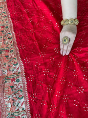 Red Handmade Bandhani Saree with Krishna Motif & Meenakari in Pure Georgette