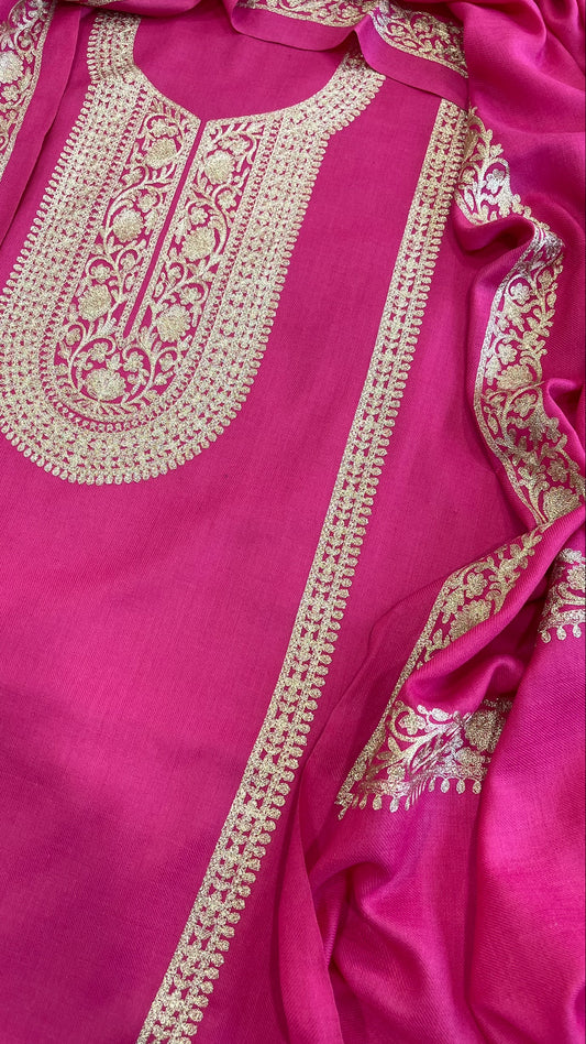 Hot Pink Winter Suit Set with Aari Work in Pashmina Wool