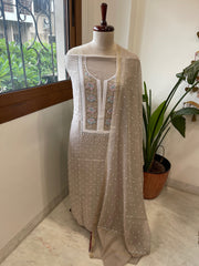 Brown Suit Set with Pearl, Cut Daana and Thread Handwork  in Pure Mul Chanderi