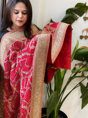 Red Handwoven NeemZari Bareek Bandhani with Meenakari and Dabka Handwork in Pure Georgette