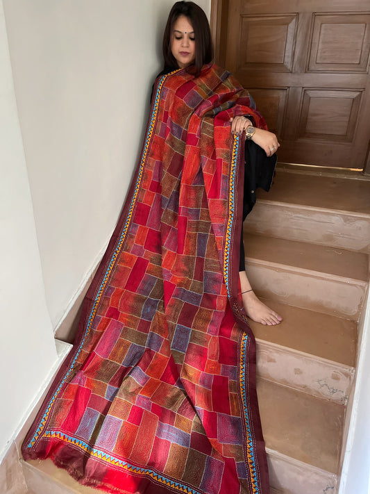 Maroon, Red Handmade Kantha Dupatta in Silk