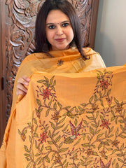 Lite Orange Suit Set with Kantha Handwork in Pure Tussar Silk