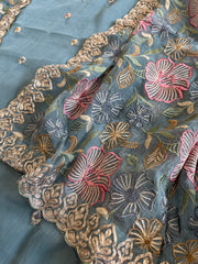 Blue Suit Set with Thread Embroidery and Pitta Work in Georgette