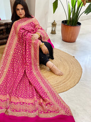 Pink Handwoven NeemZari Bareek Bandhani with Sequin, Dabka Handwork in Pure Georgette