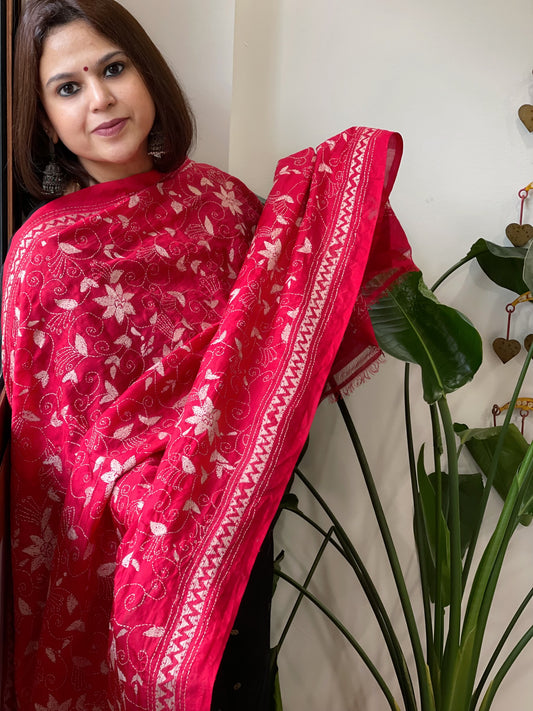 Red Handmade Kantha Dupatta in Silk