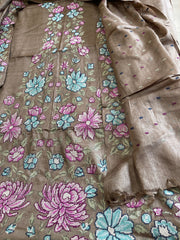 Golden Brown Suit Set with Cross-Stitch Embroidery in Pure Tussar Silk