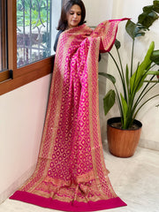 Pink Handwoven NeemZari Bareek Bandhani with Sequin, Dabka Handwork in Pure Georgette