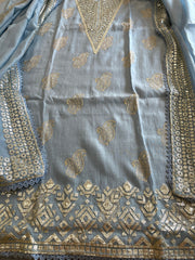 Powder Blue Gota Applique Suit Set in Pure Mul Chanderi