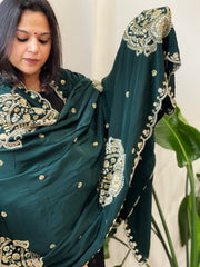 Deep Green Crepe Dupatta with Pearl, Cut Daana, Gold Thread & Sequin Embroidery