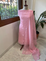 Pink Suit Set with Thread Embroidery in Pure Mul