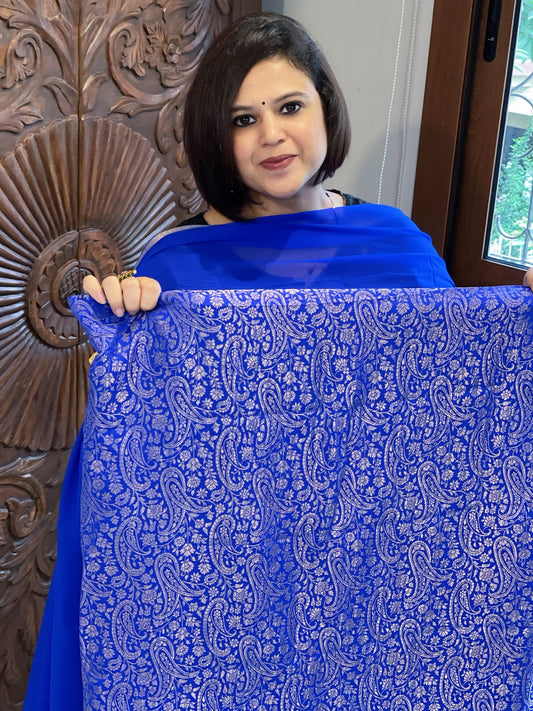 Blue Handwoven Brocade Suit Set in Pure Crepe