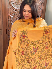 Lite Orange Suit Set with Kantha Handwork in Pure Tussar Silk