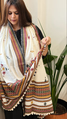 Off-White Handwoven Woollen Shawl with Mirror Handwork