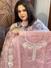 Mauve Suit Set with Thread Embroidery in Pure Tussar Silk