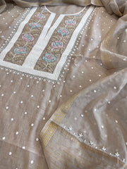 Brown Suit Set with Pearl, Cut Daana and Thread Handwork  in Pure Mul Chanderi