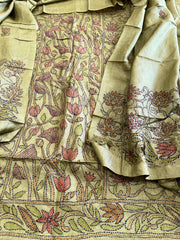 Leaf Green Suit Set with Kantha Handwork in Pure Tussar Silk
