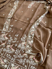 Brown Suit Set with Parsi Gara Embroidery Dupatta in Mul Cotton