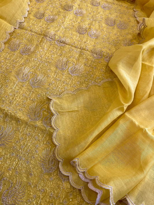 Yellow Suit Set with Gold Thread Embroidery in Pure Mul