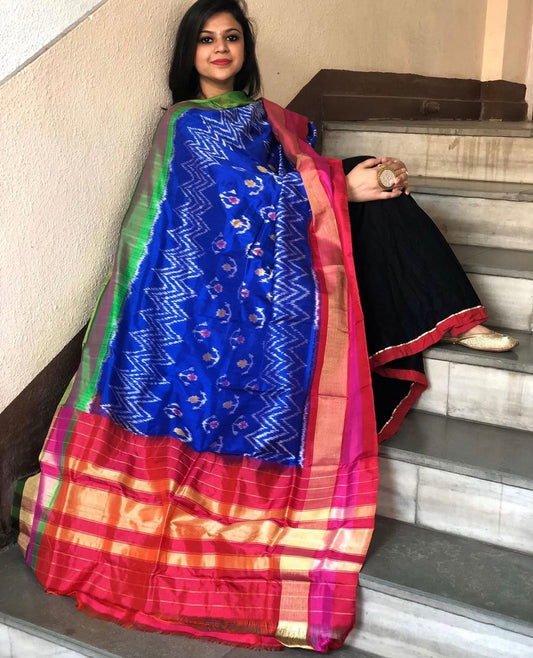 Blue Handwoven Ikat Dupatta in Pure Silk