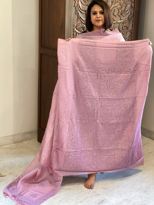 Purplish pink Suit Set with Lucknowi Handwork in Pure Tussar Silk