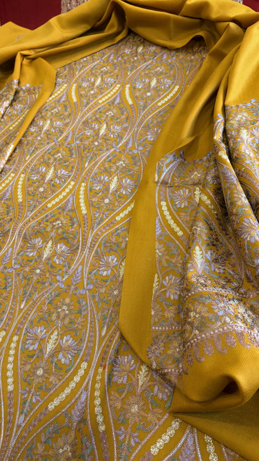 Mustard Winter Suit Set with Aari Work in Pashmina Wool