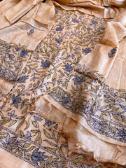 Lite Peach Suit Set with Kantha Handwork in Pure Tussar Silk