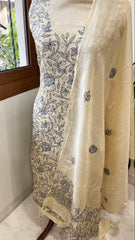 Cream Suit Set with Kantha Handwork in Pure Tussar Silk
